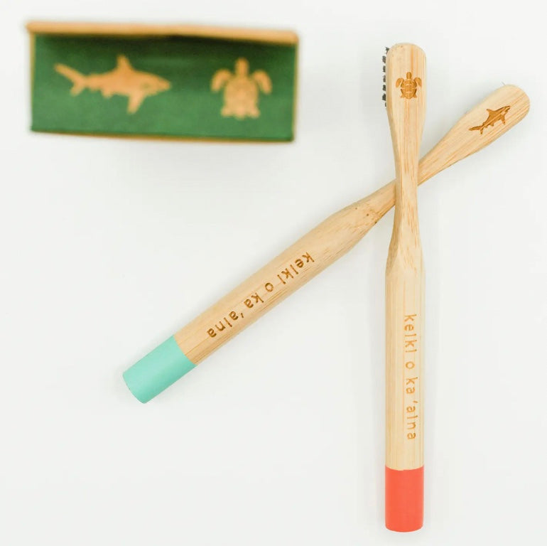 Hawaiian Bamboo Toothbrushes For Kids 2-Pack | Teal/Orange
