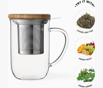 Glass Tea Mug w/ Infuser & Lid - Minima Balance, 10oz