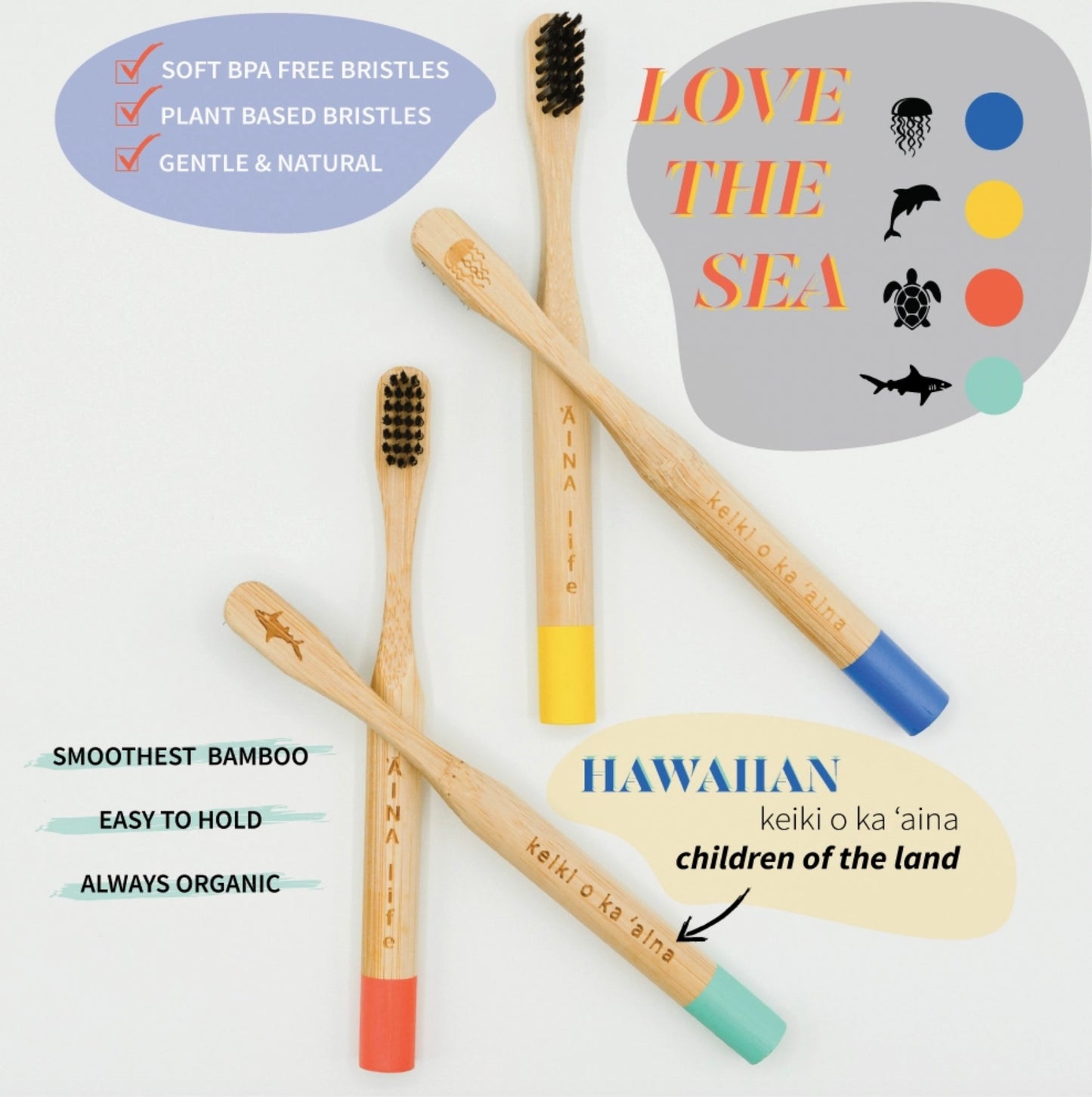 Hawaiian Bamboo Toothbrushes For Kids 2-Pack | Teal/Orange