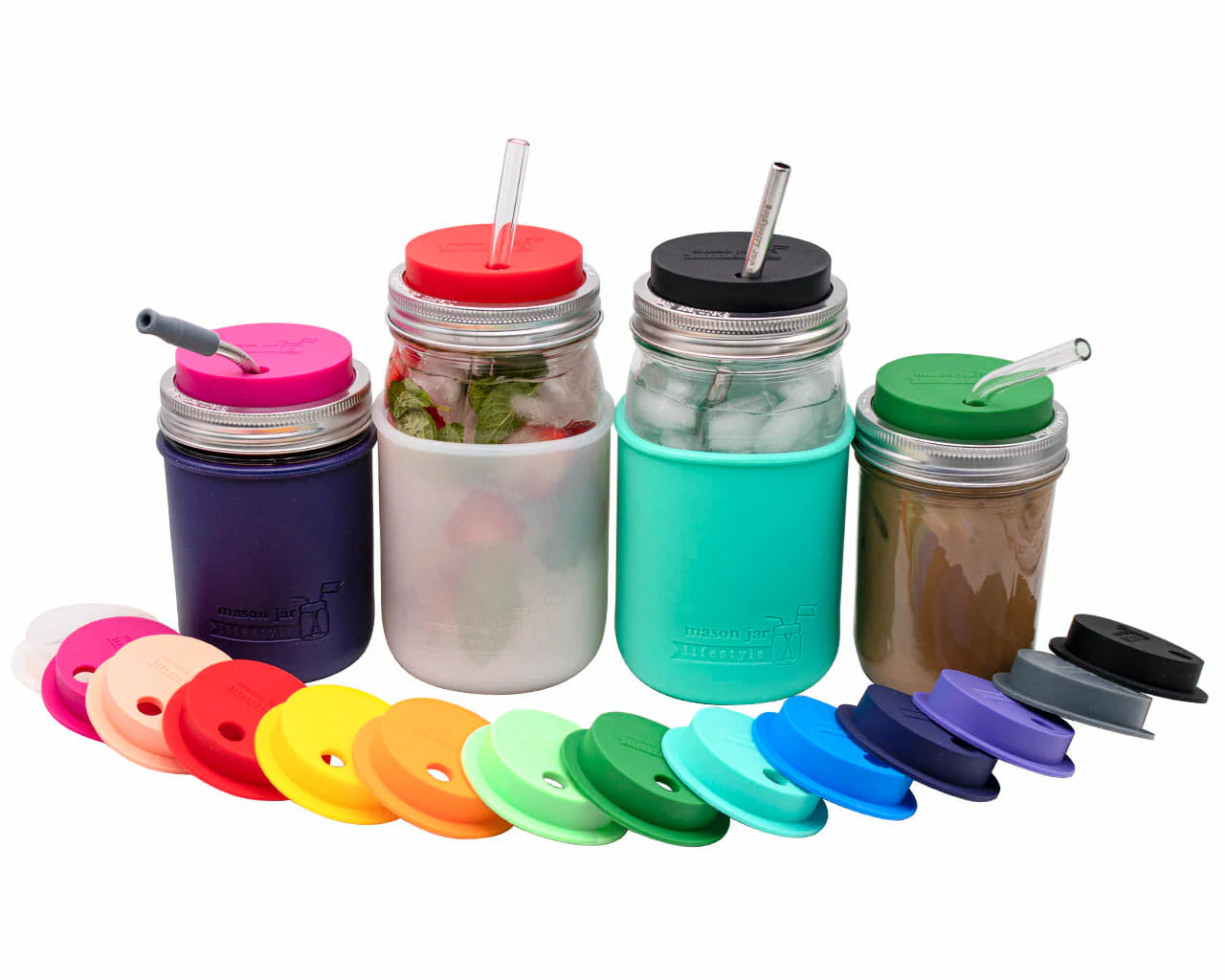 Silicone Straw Hole Tumbler w/ Stainless Steel Band for Jars